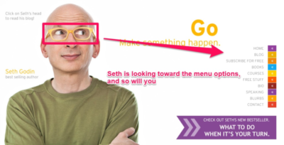 Seth Godin وجه الزائر نحو الاتجاه الصحيح بتوجيه نظره نحو اليمين